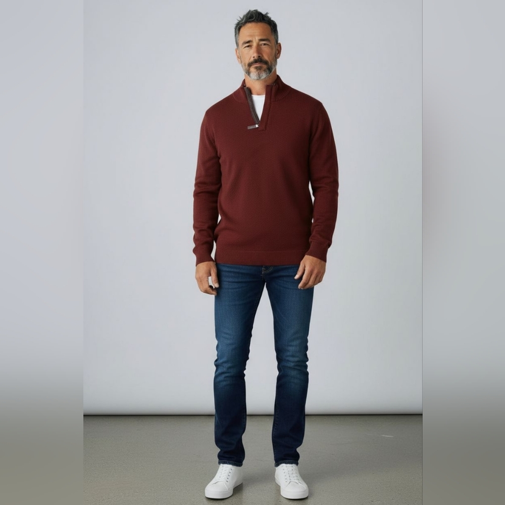 Tasso Elba Sweater Men  XL Quarter Zip Textured Knit Fabric  Burgundy